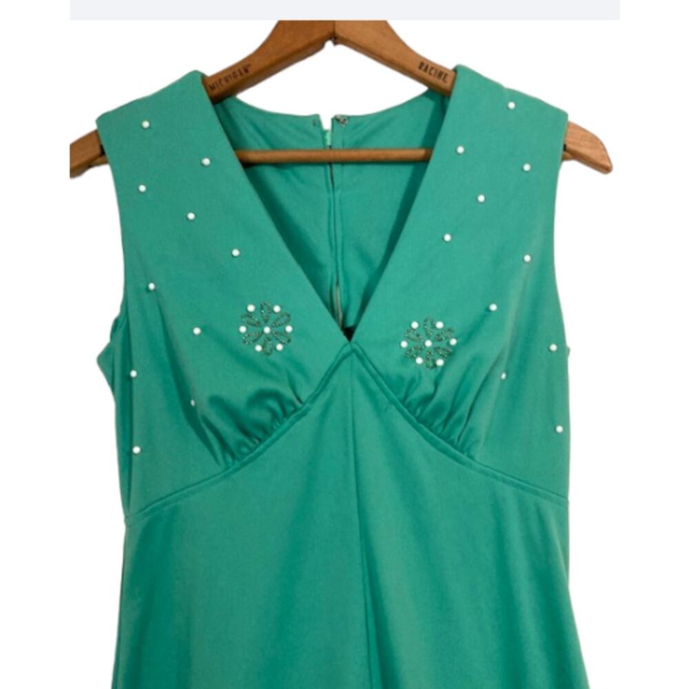 Vintage MINT Green Embellished Dress - 1960s Sleeveless Sea Green Formal Gown